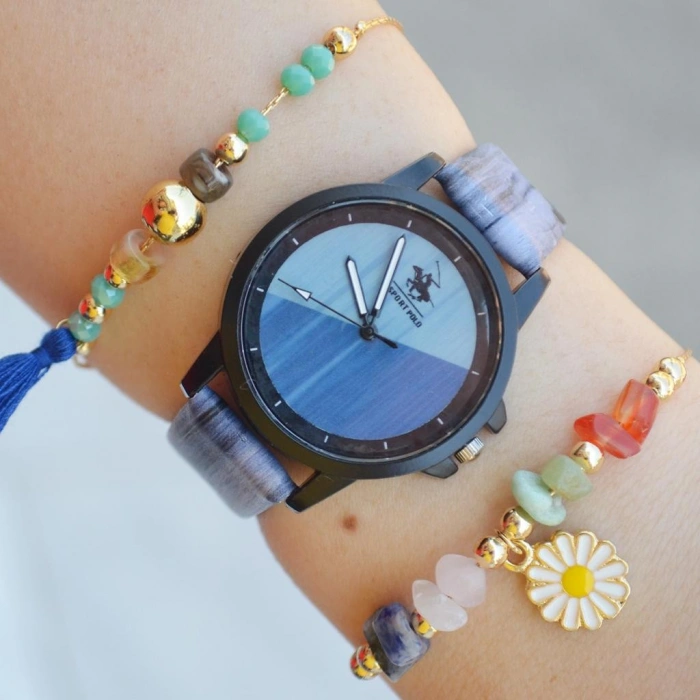 Mavi Deri Kordon Kadın Saat Kombini 2312