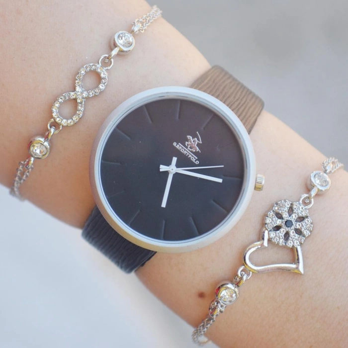 Siyah Deri Kordon Kadın Saat Kombini 2315