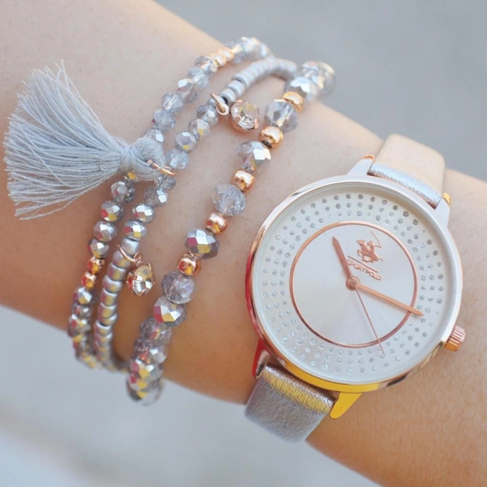 Gümüş Rengi Deri Kordon Kadın Saat Kombini 2316