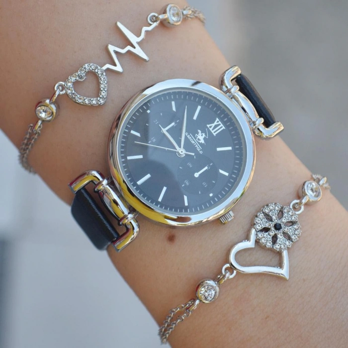 Siyah Deri Kordon Kadın Saat Kombini 2321