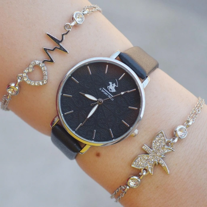 Siyah Deri Kordon Kadın Saat Kombini 2322