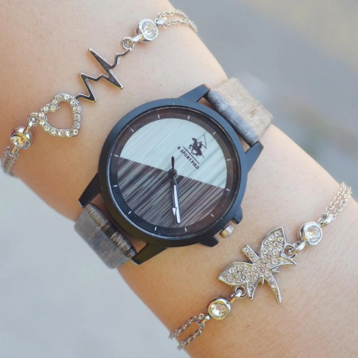 Gri Deri Kordon Kadın Saat Kombini 2323