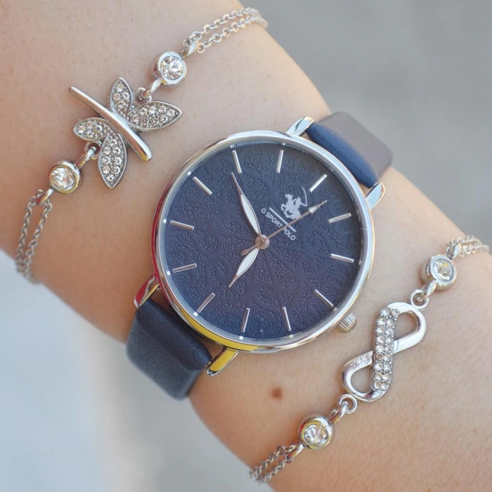 Lacivert Deri Kordon Kadın Saat Kombini 2330