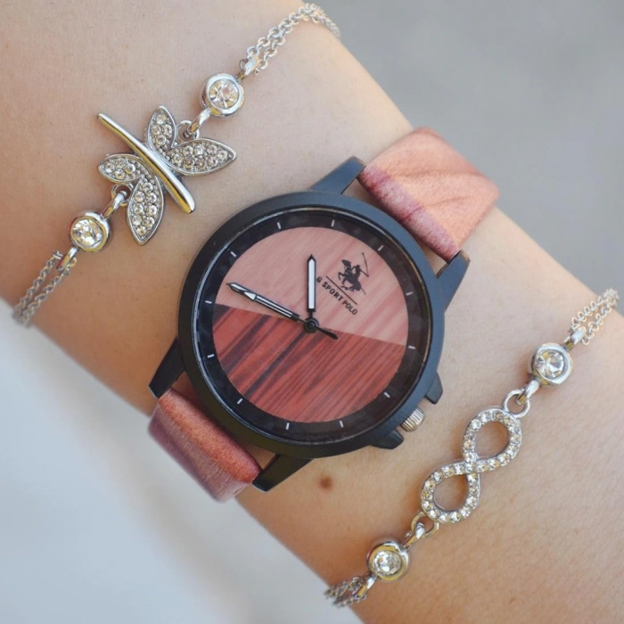 Kiremit Rengi Deri Kordon Kadın Saat Kombini 2331