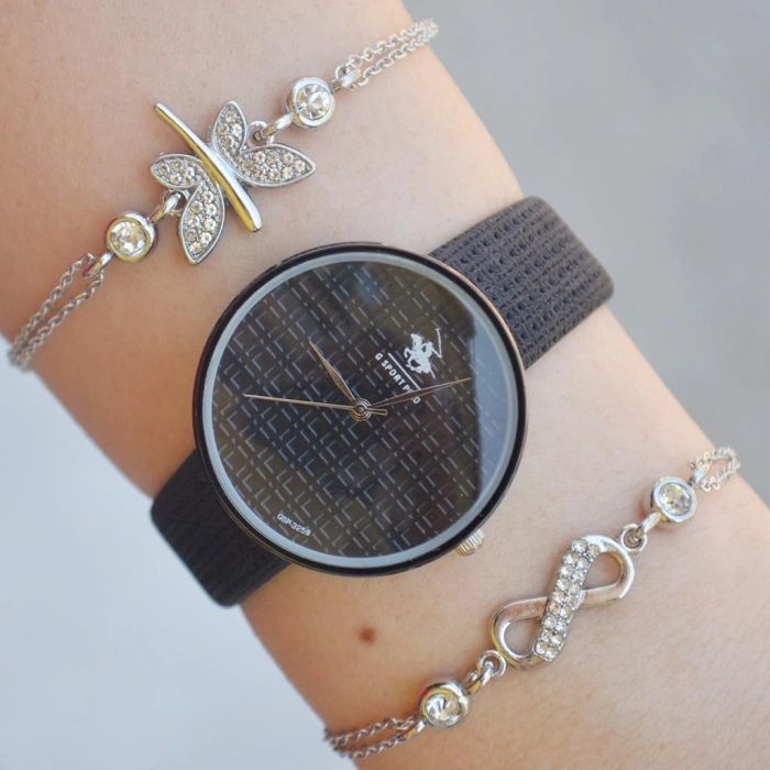 Siyah Deri Kordon Kadın Saat Kombini 2332