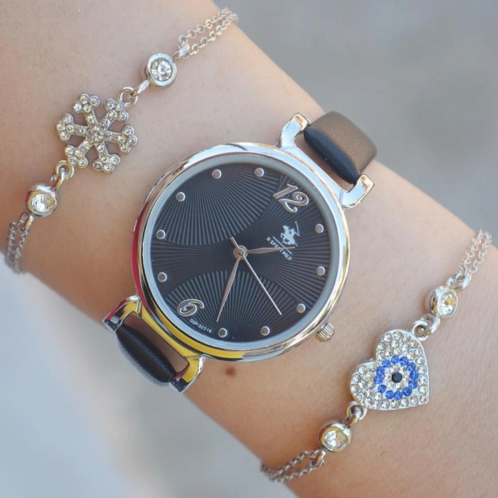 Siyah Deri Kordon Kadın Saat Kombini 2333