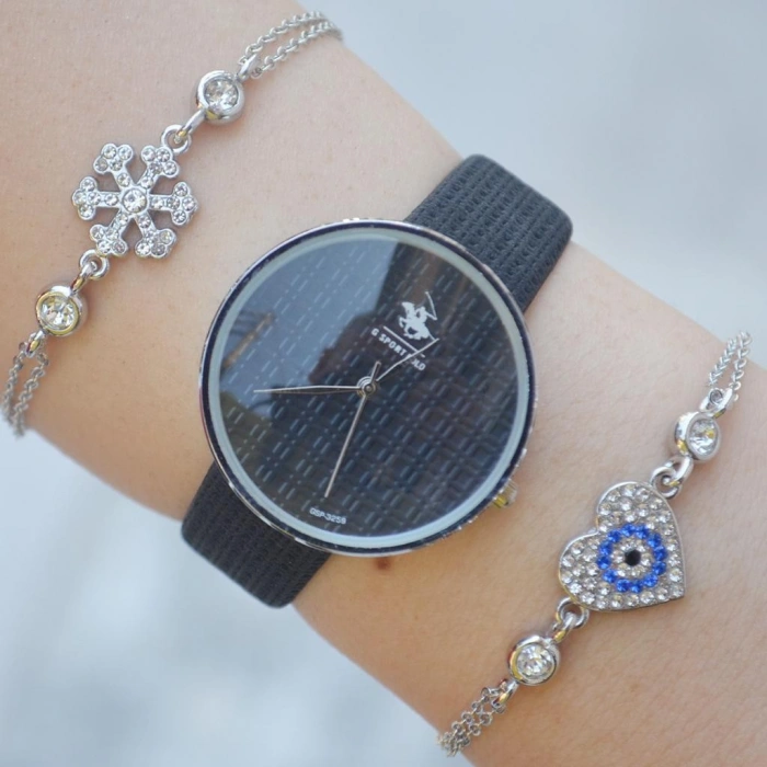 Siyah Deri Kordon Kadın Saat Kombini 2334