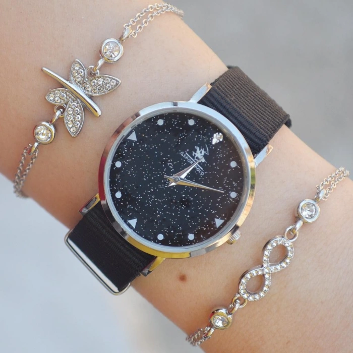 Siyah Kumaş Kordon Kadın Saat Kombini 2335