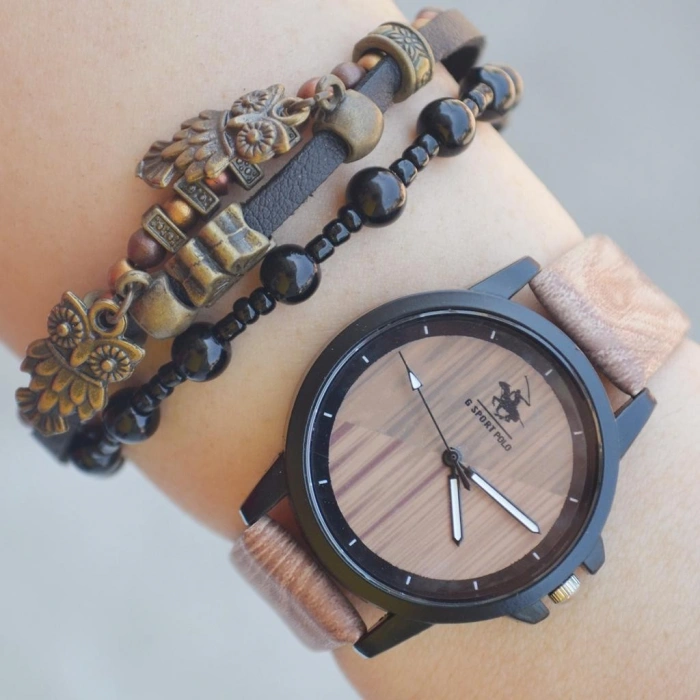 Açık Kahve Deri Kordon Kadın Saat Kombini 2338