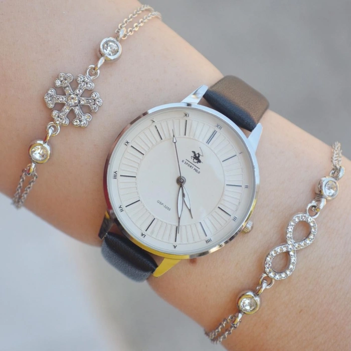 Siyah Deri Kordon Kadın Saat Kombini 2339