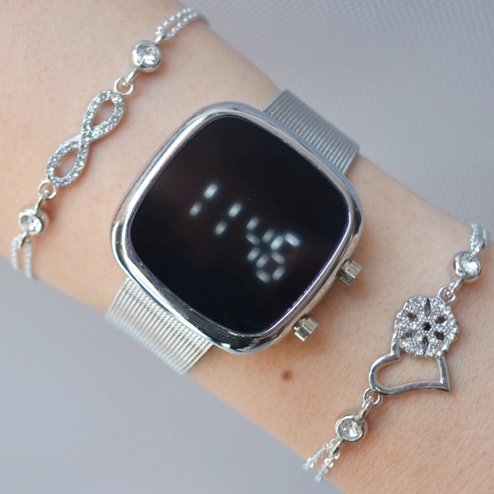 Silver Hasır Kordon Dijital Kadın Saat Kombini 7358