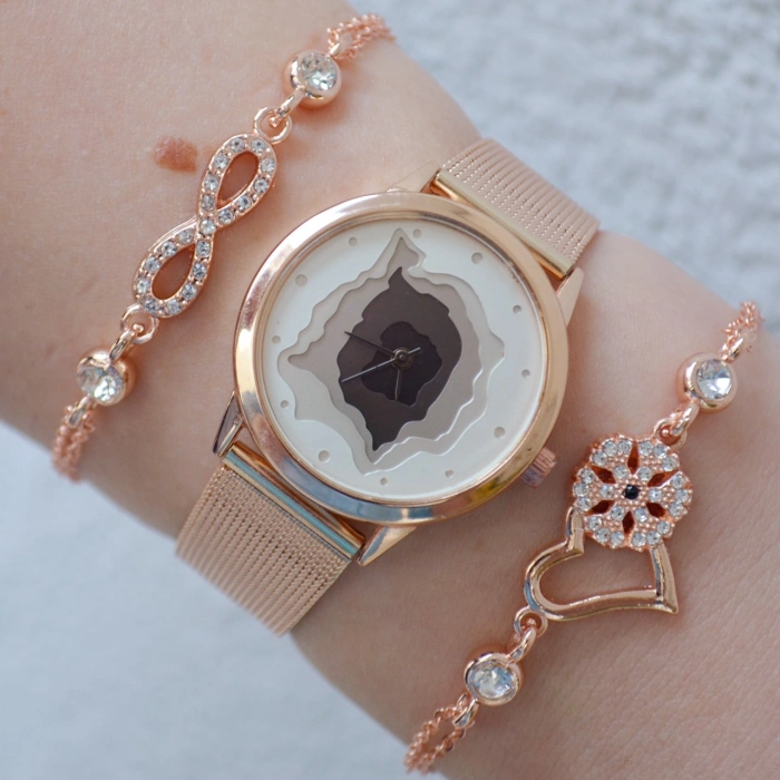 Rosegold Hasır Kordon Kadın Saat Kombini 8043