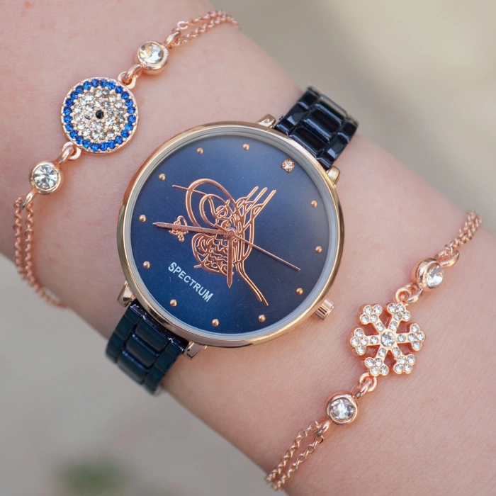 Lacivert Metal Kordon Kadın Saat Kombini 8075