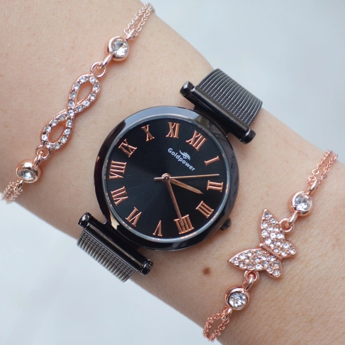 Siyah Hasır Kordon Kadın Saat Kombini 8339