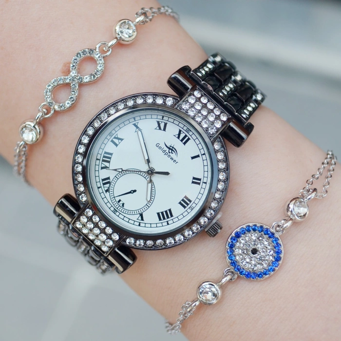 Siyah Metal Kordon Kadın Saat Kombini 8380