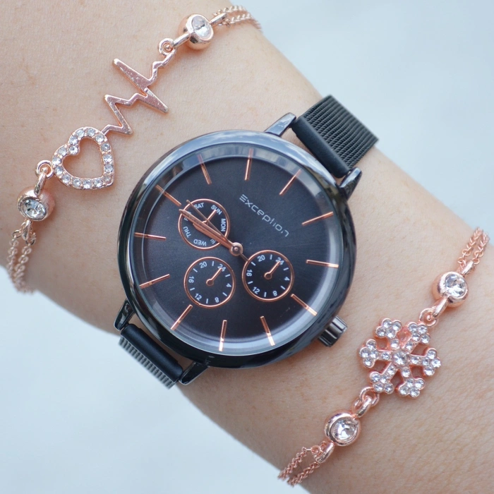 Siyah Rose Hasır Kordon Kadın Saat Kombini 8525