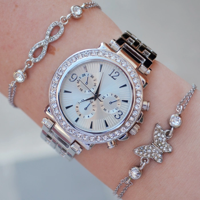 Silver Metal Kordon Taşlı Paşa Model Lüx Bileklikli Kadın Saat Kombini 8595