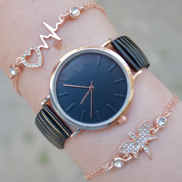 Siyah Rose Metal Kordon Kadın Saat Kombini 8661