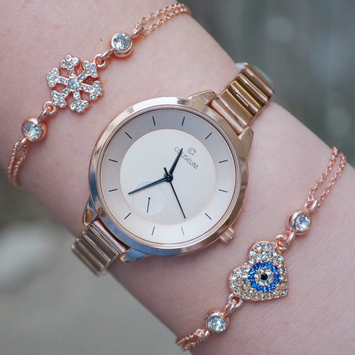 Rosegold Metal Kordon Kadın Saat Kombini 8668