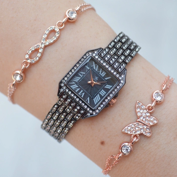 Siyah Metal Kordon Taşlı Kadın Saat Kombini 8716