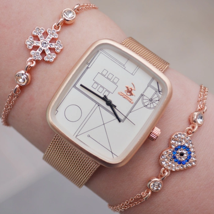 Rosegold Hasır Kordon Kadın Saat Kombini 8802