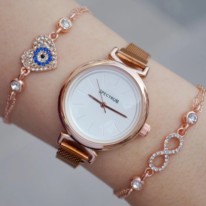 Rosegold Mıknatıslı Hasır Kordon Kadın Saat Kombini 8892