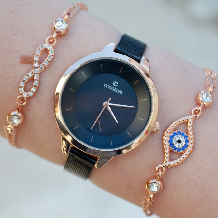 Siyah Hasır Kordon Kadın Saat Kombini 8927