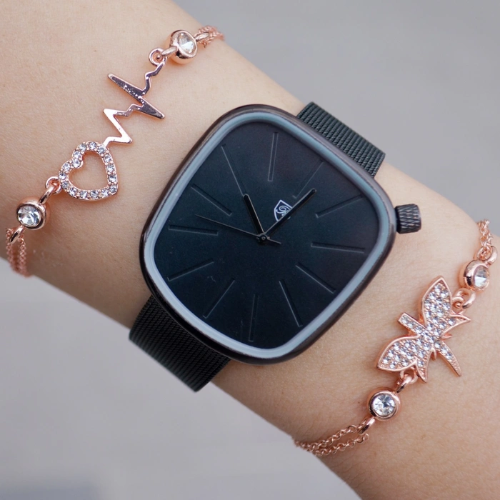 Siyah Hasır Kordon Kadın Saat Kombini 8950