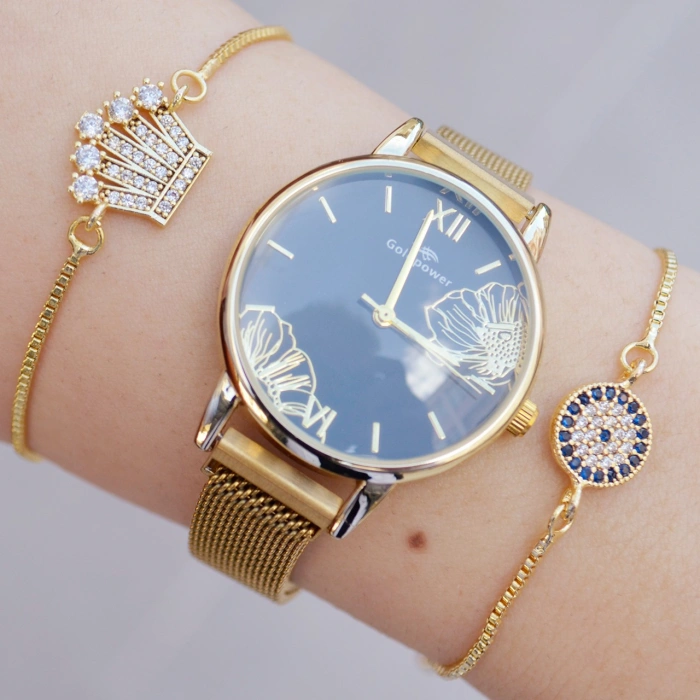 Gold Mıknatıslı Hasır Kordon Kadın Saat Kombini 9151