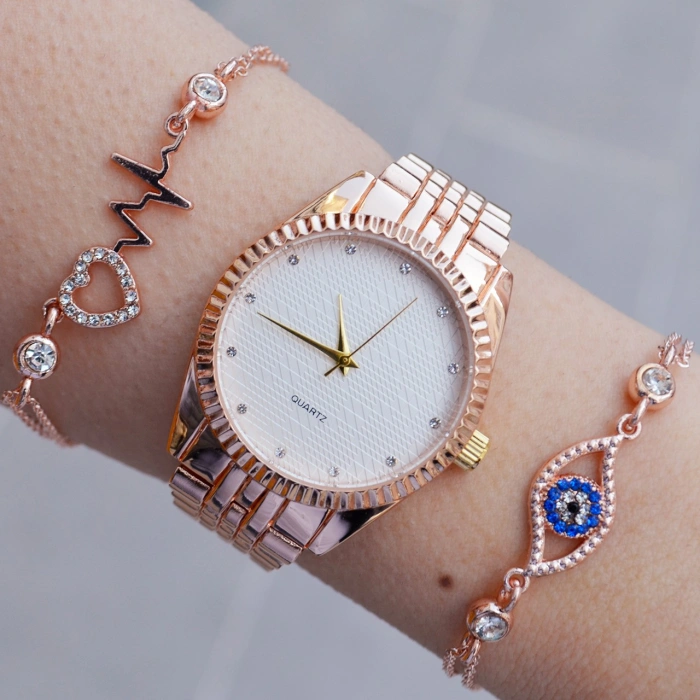 Rosegold Metal Kordon Kadın Saat Kombini 9223