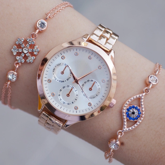Rosegold Metal Kordon Kadın Saat Kombini 9226