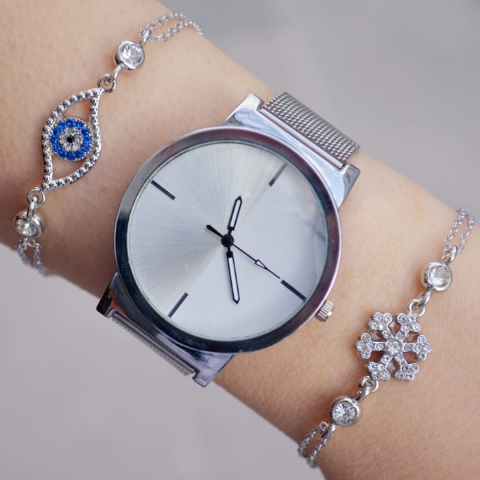 Silver Hasır Kordon Kadın Saat Kombini 9237