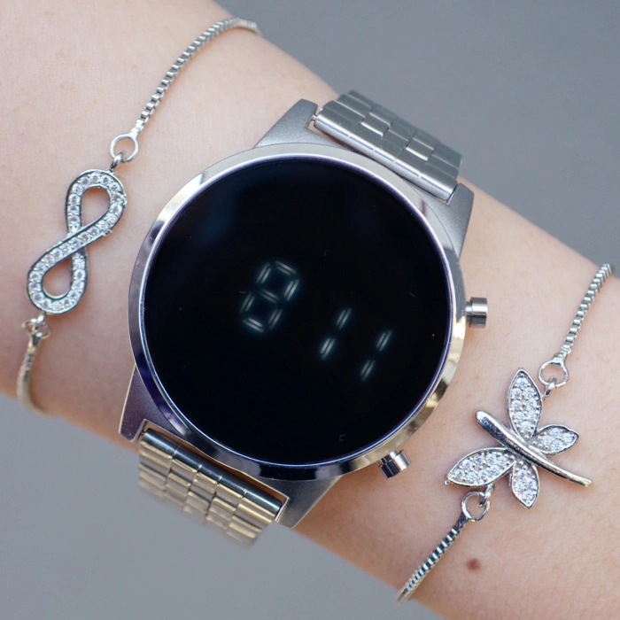 Silver Metal Kordon Dijital Kadın Saat Kombini 9288