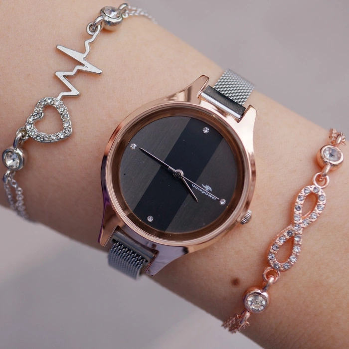 Silver Rose Mıknatıslı Hasır Kordon Kadın Saat Kombini 9315