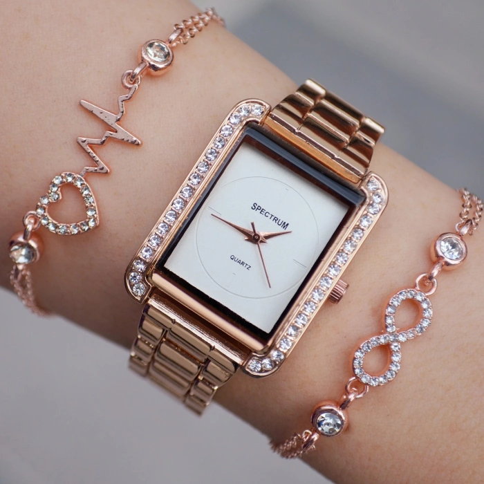 Rosegold Metal Kordon Taşlı Kadın Saat Kombini 9328