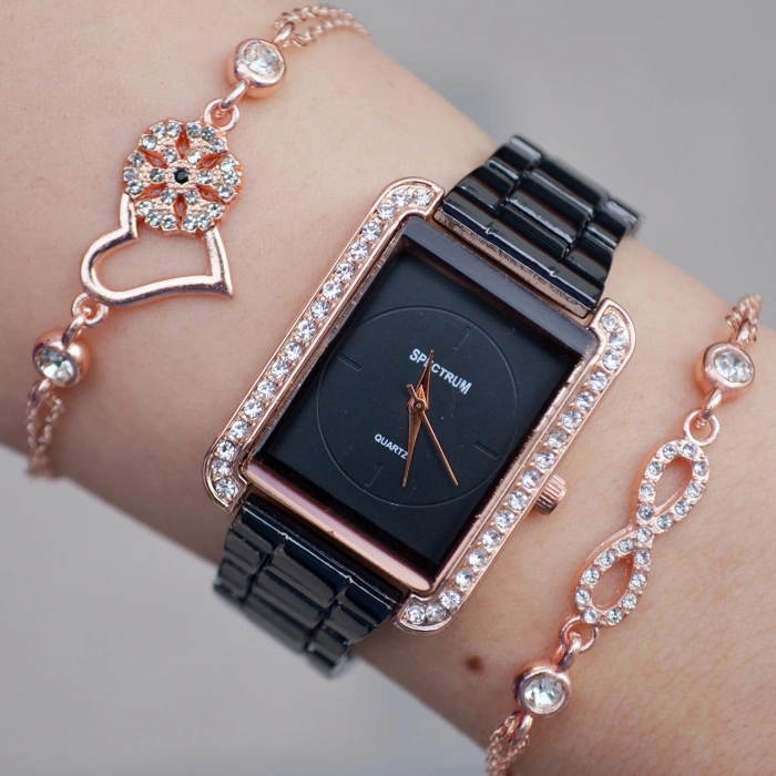 Siyah Rose Metal Kordon Taşlı Kadın Saat Kombini 9332