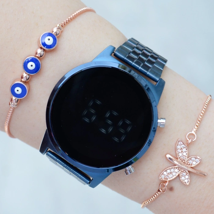 Mavi Metal Kordon Dijital Kadın Saat Kombini 9593