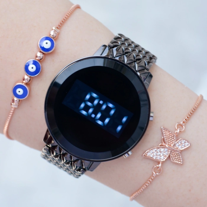 Siyah Metal Kordon Dijital Kadın Saat Kombini 9594