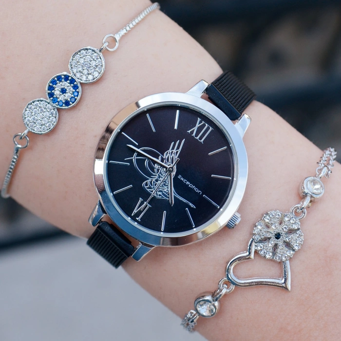 Siyah Hasır Kordon Kadın Saat Kombini 9629