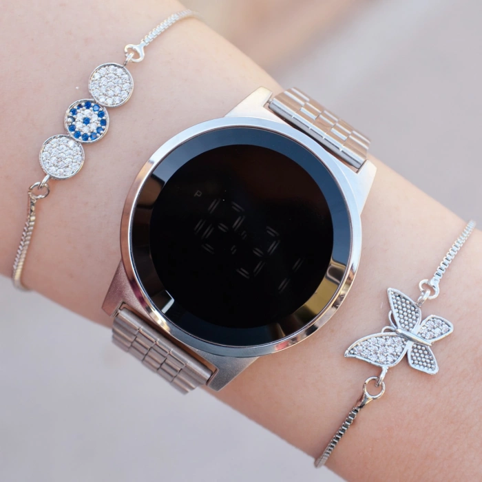 Silver Metal Kordon Dokunmatik Dijital Kadın Saat Kombini 9714