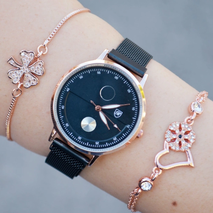 Siyah Hasır Mıknatıslı Kordon Kadın Saat Kombini 9743