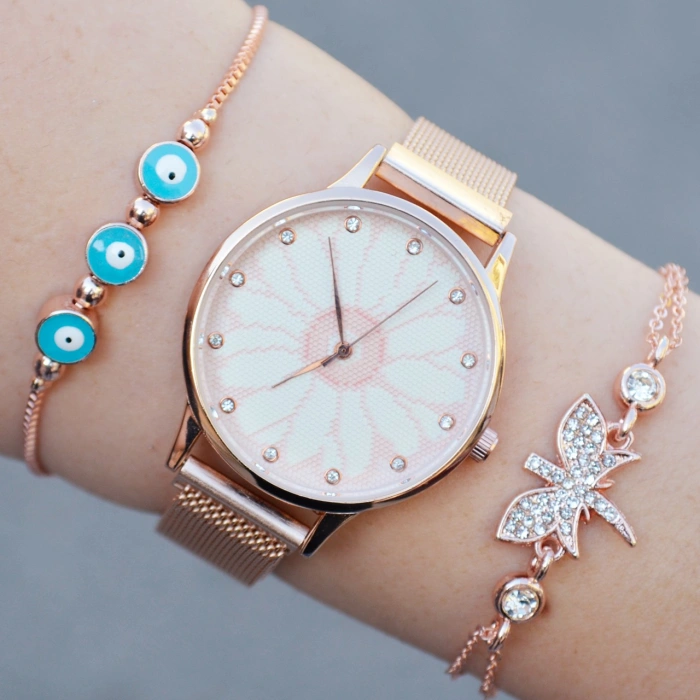 Rosegold Hasır Mıknatıslı Kordon Kadın Saat Kombini 9744