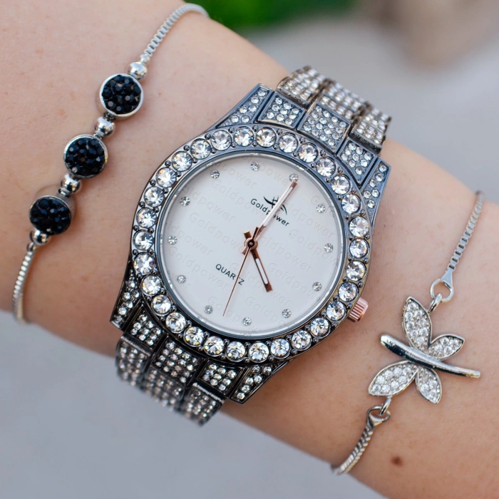 Siyah Metal Kordon Taşlı Kadın Saat Kombini 9751