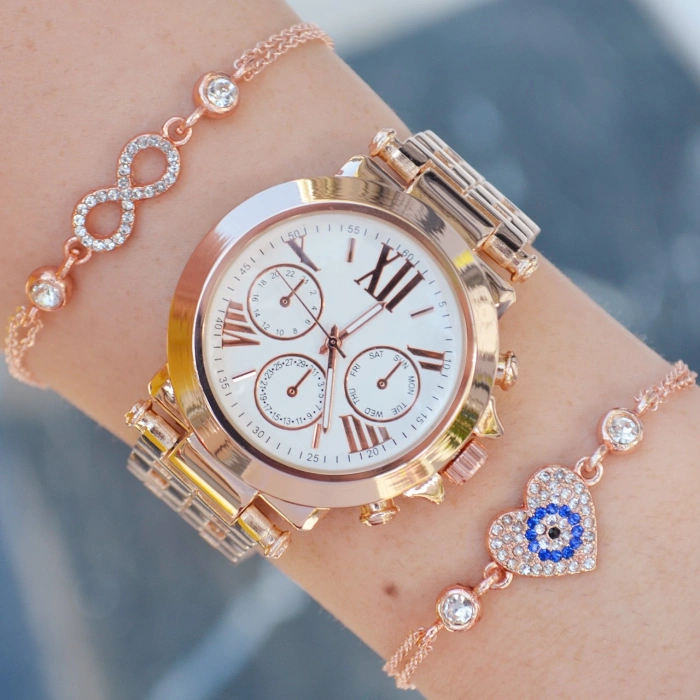 Rose Gold Metal Kordon Bayan Saat Kombini 9818