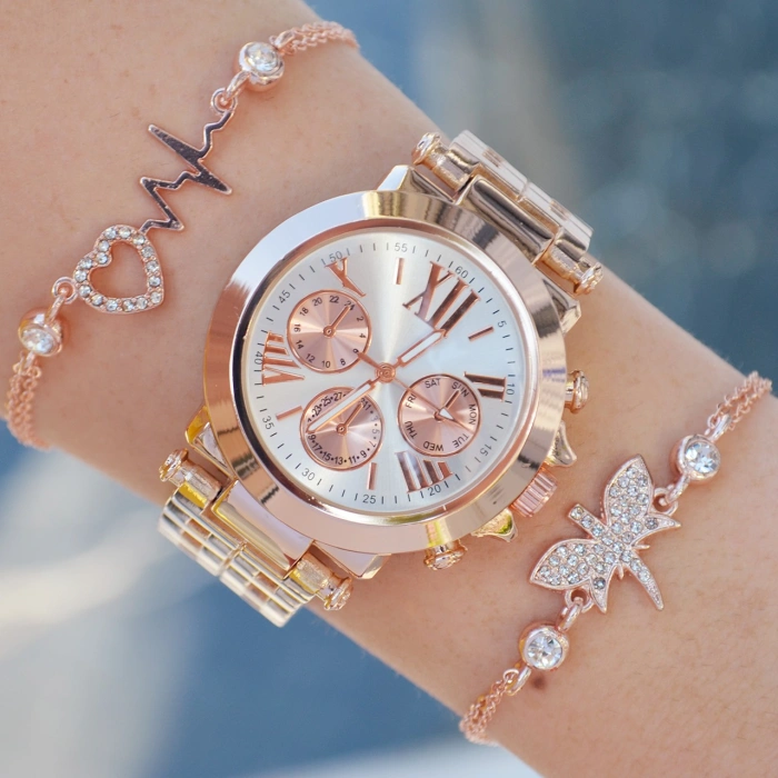 Rose Gold Metal Kordon Kadın Saat Kombini 9819