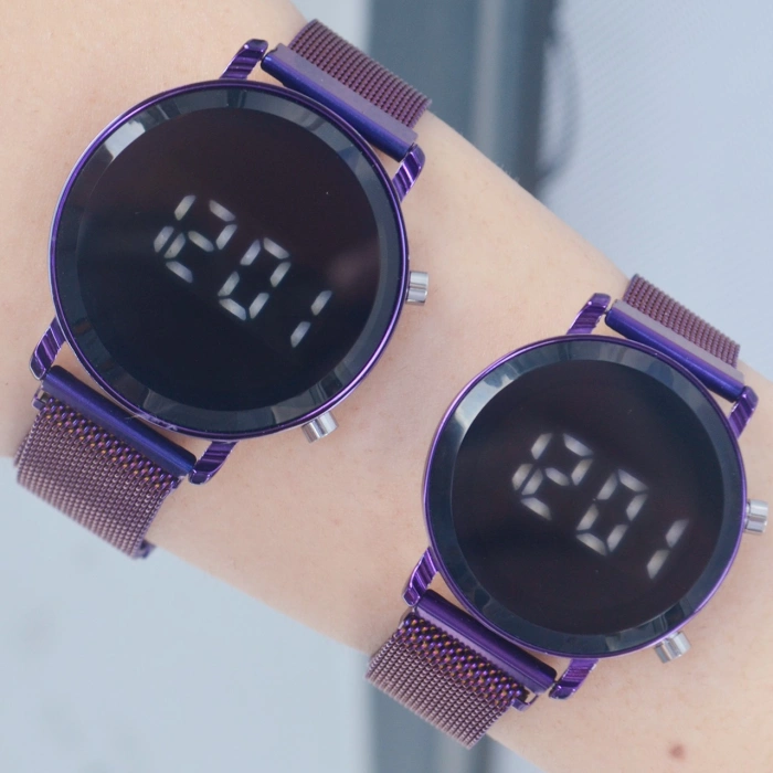 Mor Hasır Mıknatıslı Kordon Dijital Çift Saat Kombini 9861