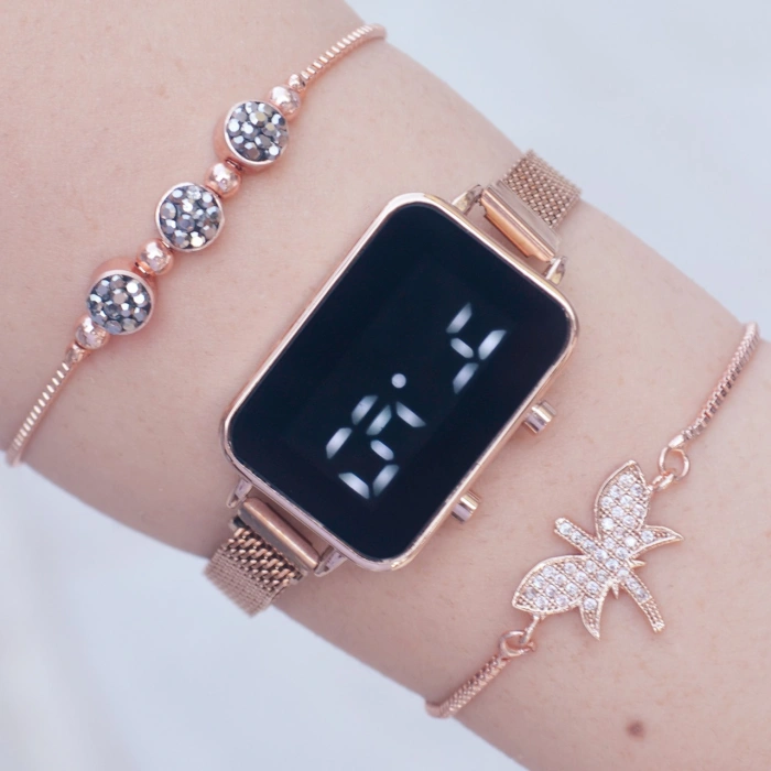 Rosegold Hasır Mıknatıslı Kordon Dijital Kadın Saat Kombini 9863