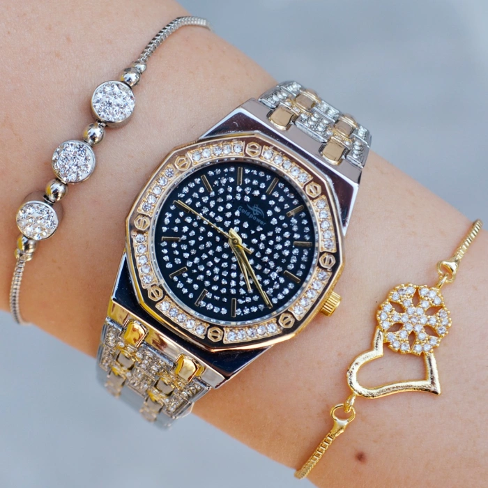 Silver Gold Metal Kordon Taşlı Kadın Saat Kombini 9922