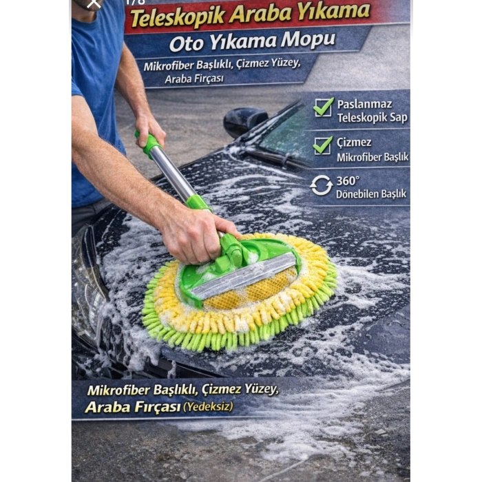 Teleskopik Araba Yıkama Mopu_Mikrofiber Başlıklı, Çizmez yüzey Araba Fırçası (yedeksiz)