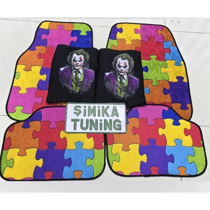 JOKER SIYAH OTO SERVİS KILIFI ÖN VE ARKA 4PARÇA (ARKA LOGOLU) VE RENKLİ DEKOR HALI PASPAS ÜNİVERSAL YIKANABİLİR
